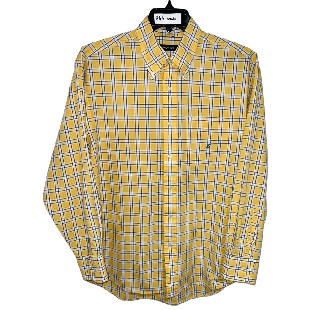 Nautica Shirt Men’s Size L Yellow White Blue Plaids Button Front Long Sleeve